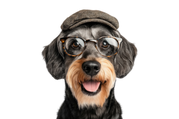 Schnauzer wearing oval glasses and a newsboy cap isolated on white or transparent PNG
