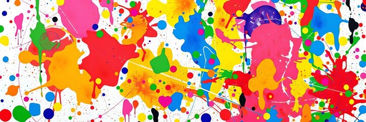 Fototapeta premium Vibrant multicolored paint splatter background with a central line of white dots, abstract, texture, splatter