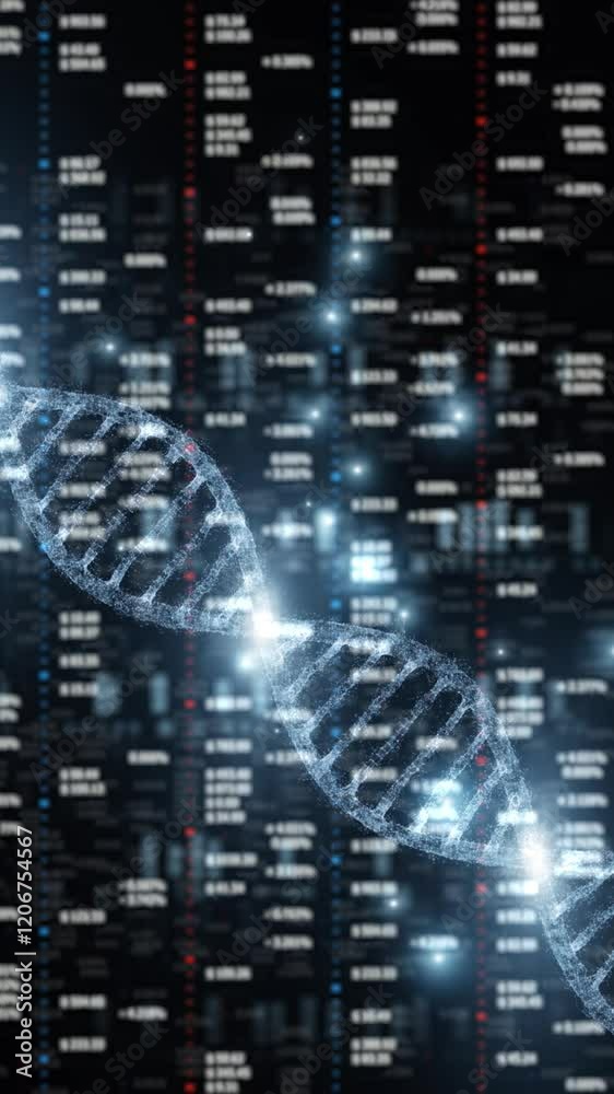 Wall mural dna chain rotation on blurred digital data vertical background. concept business science animation.