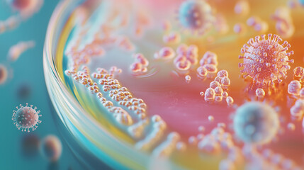 Macro close-up of colorful bacteria colonies and virus cells under a microscope in a scientific petri dish