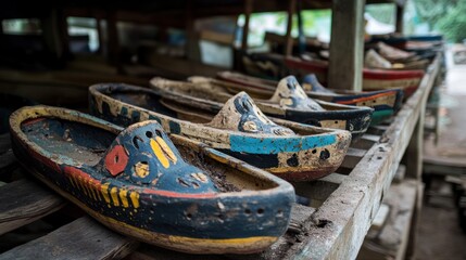 Obraz premium Vibrant Hand-Painted Wooden Clogs on Rustic Shelf