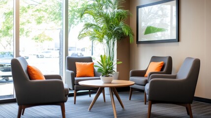 Modern office waiting area with gray chairs, orange pillows, plants, and a large window showing city view, perfect for business or corporate websites