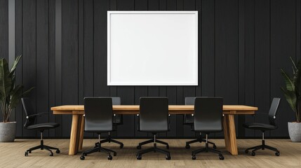 Sleek meeting table contrasts with blank white frame, clean black-and-wood decor.