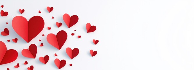 A Row of Hearts:  Five paper hearts in a row, four in shades of red and one white, arranged in a minimalist design, evoke a feeling of love, unity, and diversity. 