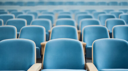 Obraz premium Rows of blue fabric theater seats in contemporary setting create calm atmosphere