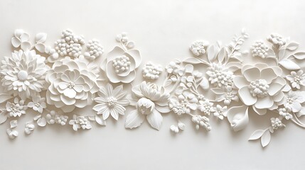 White Floral Relief Design Featuring Various Flowers and Leaves
