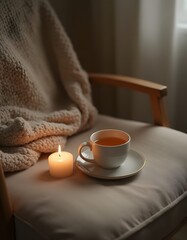 Cozy Autumn Evening Warm Tea Candlelight and Knit Blanket on Armchair