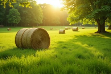 Hay Bales in a Lush Green Summer Field at Sunset
