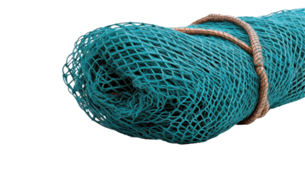 Rolled teal fishing net tied with rope, perfect for industrial marine themes. transparent background