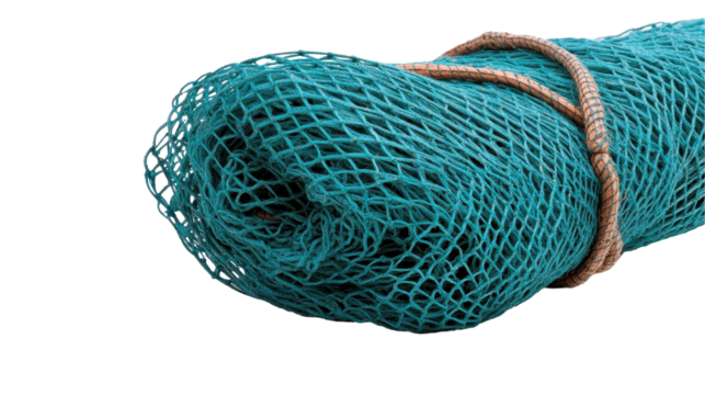 Rolled teal fishing net tied with rope, perfect for industrial marine themes. transparent background