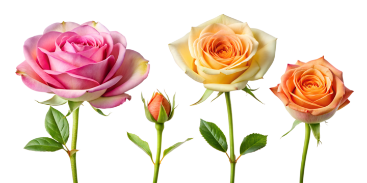 blooming stages of rose flower isolated on white background