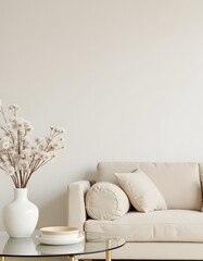 Elegant Beige Sofa Dried Flowers Glass Coffee Table Modern Minimalist Home Decor