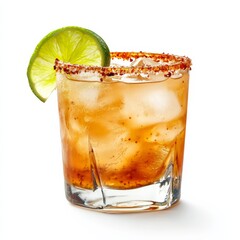 A smoky mezcal cocktail with chili salt rim and lime wedge, positioned against an isolated white background, chiaroscuro art style
