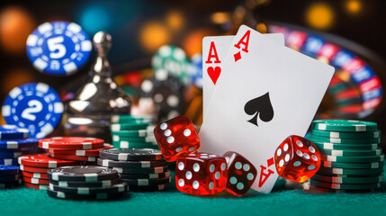Obraz premium High stakes gaming scene with poker cards, chips, and dice creating excitement