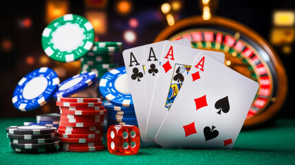 Obraz premium Casino scene with poker chips, playing cards, and dice, evoking excitement and thrill of gambling