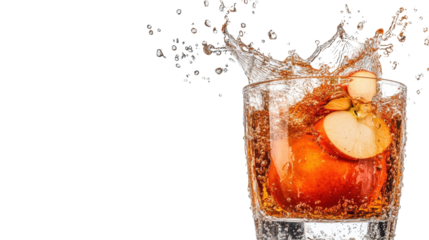 Refreshing cocktail with ice and apple, splashing in a glass for a vibrant drink experience. transparent background
