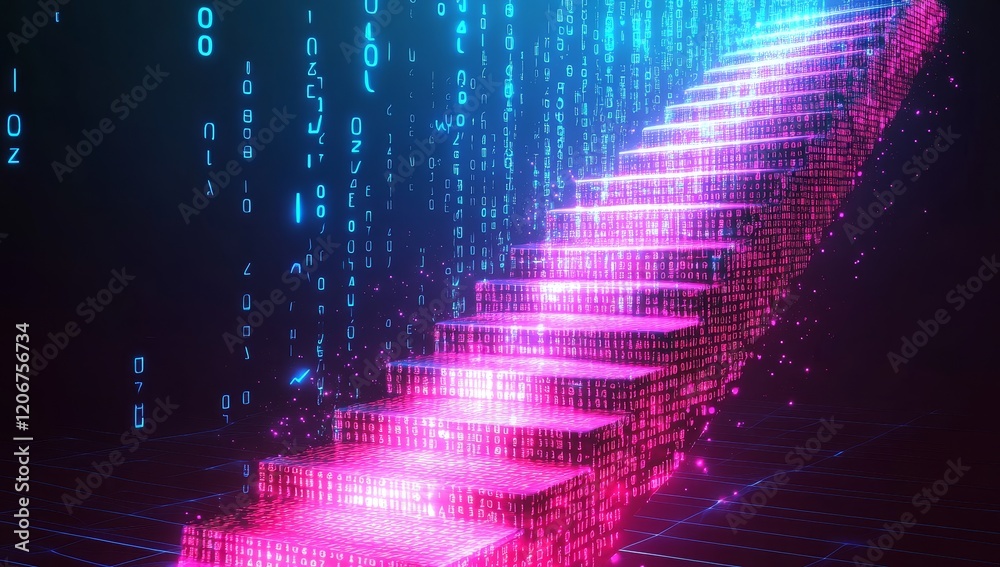 Aufkleber Glowing digital staircase ascending into binary code rain.
