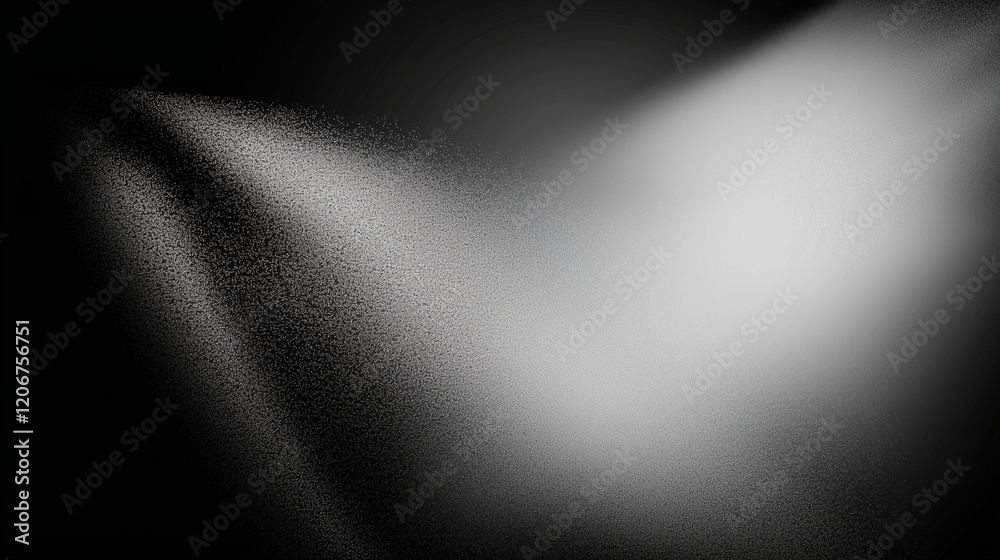 Poster Abstract black and white gradient background with a central light beam, featuring floating dust particles, light spot effects, and cool black and gray tones in a minimalist and artistic design, perfec