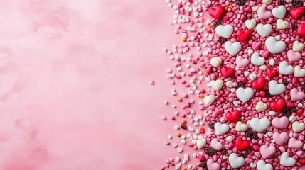 Obraz premium A Whimsical Border of Colorful Heart Candies on a Soft Pink Canvas Celebrating Love and Sweet Moments in Life's Special Occasions.