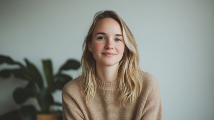 Smiling blonde woman portrait, indoor studio, neutral background, plant in pot, for website profile