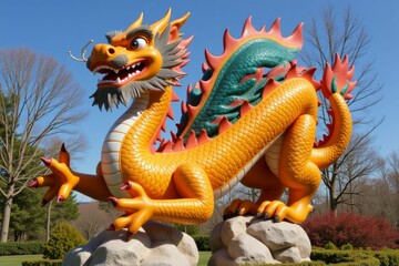 Fototapeta premium Large Orange Dragon Statue Outdoors on Rocks