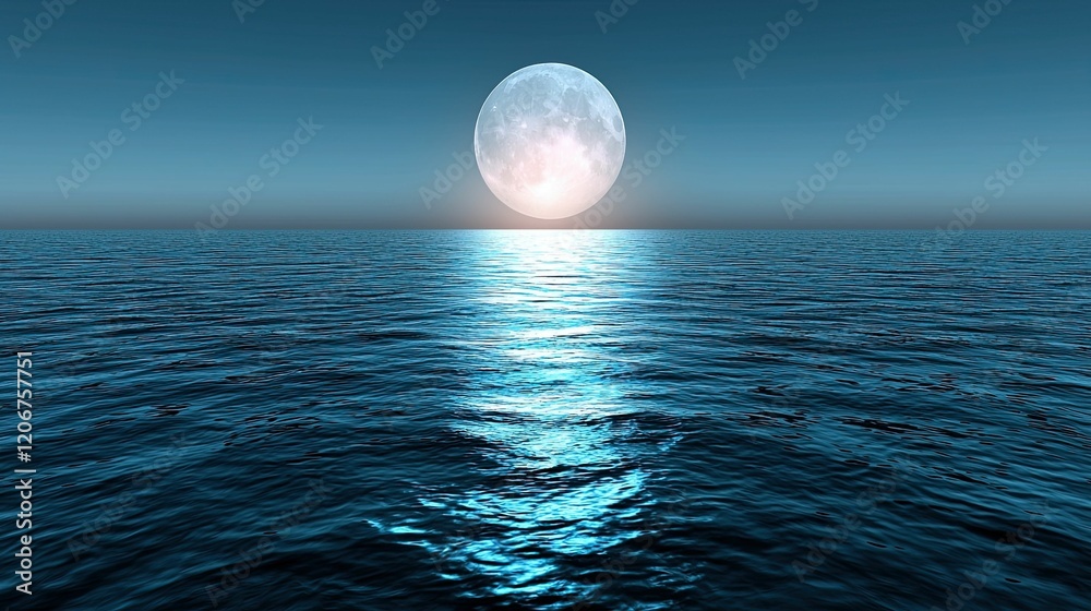 Wall mural a serene moonlit ocean scene with a bright moon reflecting on calm water, creating a tranquil and pe