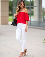 Obraz premium Stylish Woman in Red Off Shoulder Top and White Jeans Summer Fashion
