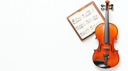 Fototapeta premium A classic violin rests beside a sheet of music, showcasing the beauty of musical artistry and preparation for performance.
