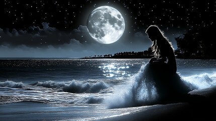 Obraz premium Silhouetted Woman Gazes at Moonlit Ocean Waves at Night
