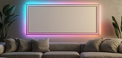 Living room frame mockup glowing with dynamic lighting from a sofa perspective.