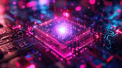 Obraz premium Abstract digital circuit design with vibrant colors and glowing elements.