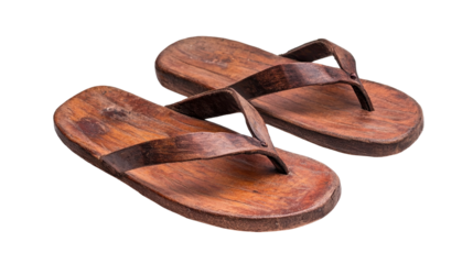 Stylish wooden flip flops perfect for casual summer outings and beach time. transparent background