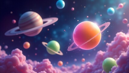 Bubble gum pieces float weightlessly in outer space amid stars and planets. A surreal, whimsical scene blending fantasy and cosmic wonder with vibrant colors.