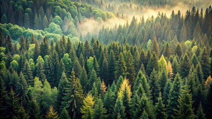 Obraz premium Lush green coniferous forest with mist and sunlight filtering through trees