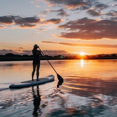 Silhouette of a woman paddleboarding at sunset over calm waters.