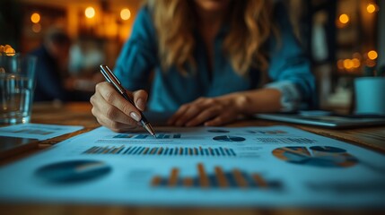 Naklejka premium Woman reviewing financial charts & graphs at cafe.