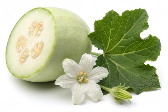 Winter melon fruit with leaf and flower isolated on white background