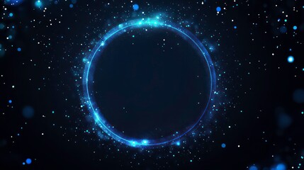 Starry night sky background with glowing stars and blue circle round planets, featuring a dark space design with room for text, surrounded by a galaxy of light and cosmic elements