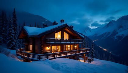 Fototapeta premium Luxurious Mountain Chalet at Night Snowy Landscape Winter Wonderland