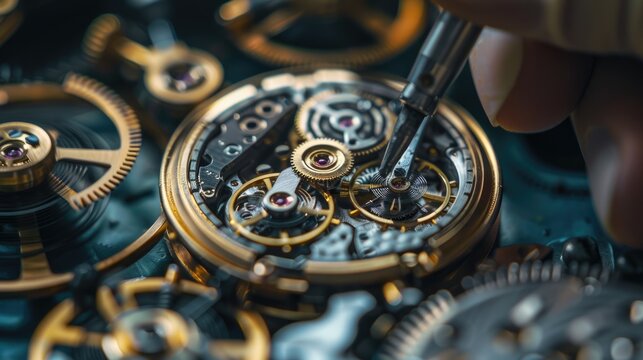 Close-up of a watchmaker repairing intricate watch mechanisms.