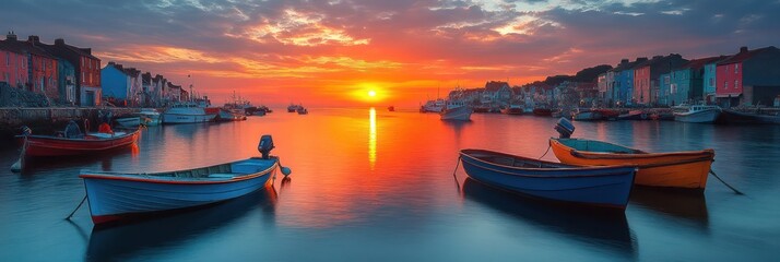 Obraz premium Serene Sunset over Colorful Harbor Village
