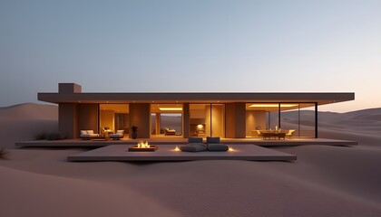 Fototapeta premium Modern Desert House Architectural Design Evening Luxury Villa in Sand Dunes