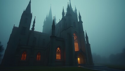 Obraz premium Mysterious Gothic Cathedral in Foggy Twilight Illuminated Windows Architectural Detail
