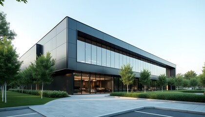 Fototapeta premium Modern Black Office Building Exterior Glass Facade Landscaping Corporate Architecture