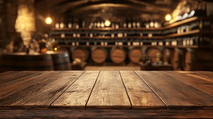 Rustic wooden table in a vintage winery setting.