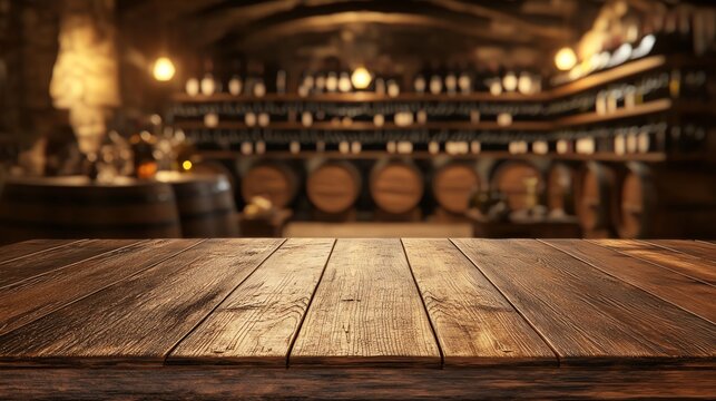 Rustic wooden table in a vintage winery setting.