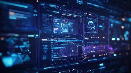 Obraz premium A series of illuminated screens showcase various data visualizations and digital elements