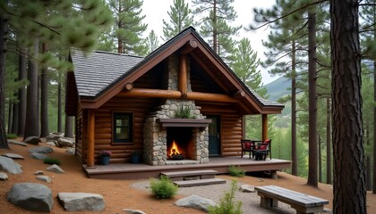 Naklejka premium Cozy Log Cabin Retreat in Majestic Pine Forest with Fireplace