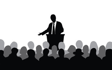 Vector Illustration of a Leader Speaking to a Crowd of People. Simple Flat Design Depicting Public Speaking, Leadership, and Community Engagement.