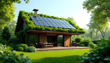 Eco Friendly Green Roof House with Solar Panels Sustainable Home Design in Lush Nature